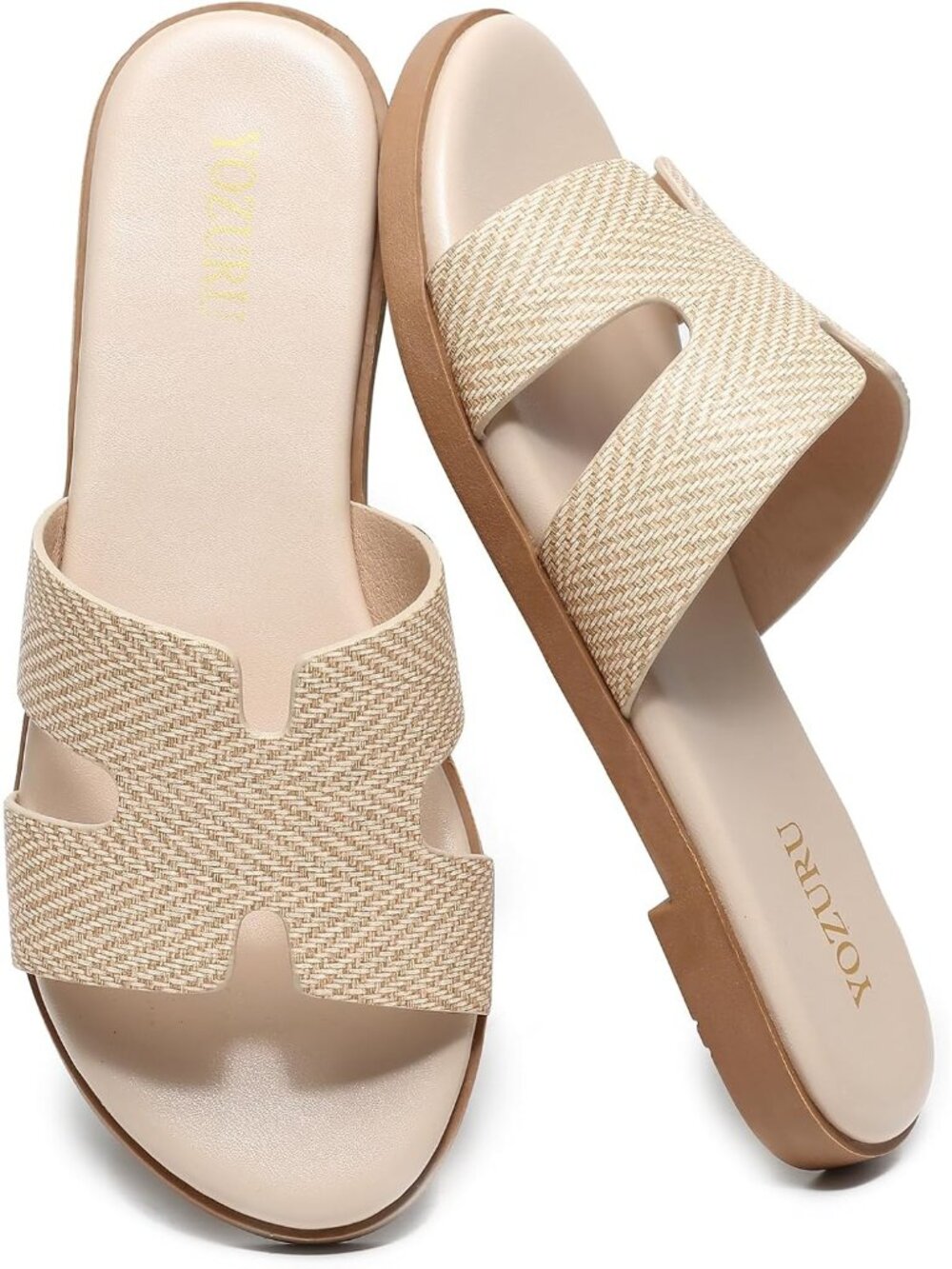 Women's Raffia Leather Comfortable Cute Summer Slides Open Toe Flat Sandals